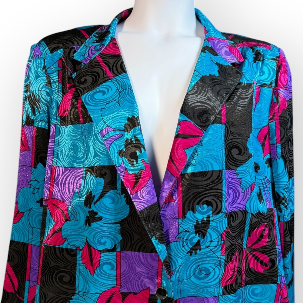 Vtg Tan Jay Silky Bright 80s Floral Geometric Blazer Plus 24W USA Dopamine Teal